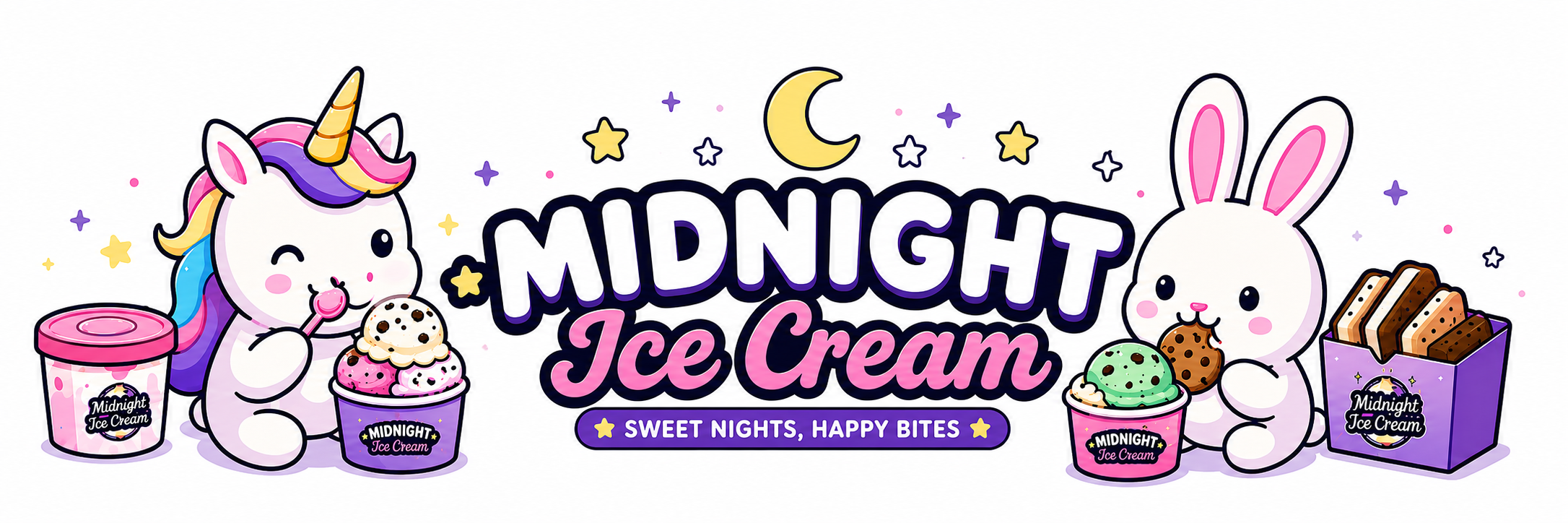 Midnight Ice Cream banner with unicorn and bunny